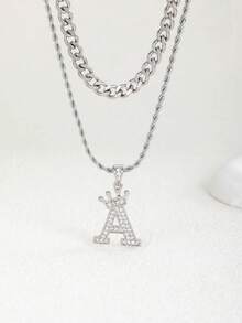 2pcs/Set Classic Simple Silver Stainless Steel With Zirconia 26 Letter Pendant Necklace Chain Necklace Stacked Necklace Street Hip Hop Jewelry Punk Style - Silver - View 2