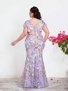 Đầm dạ hội cao cấp dáng ôm, cổ chữ V, ren thêu, tay bồng đôi, cỡ lớn, phù hợp cho các buổi dạ hội, đám cưới, tiệc tùng, khách dự đám cưới, tiệc tối trang trọng, tiệc mùa xuân. - Màu tím - Xem 2