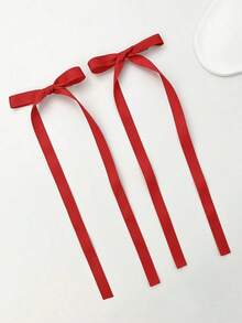 2pcs Simple Bowknot & Long Ribbon Hair Clip Suitable For Daily Use Cute Valentine's Day Valentines Claw Clips Hair Claws Hair Barrettes, School Stuff, Elegant, College, Bows, Hair Accessories - 紅色 - 查看 1