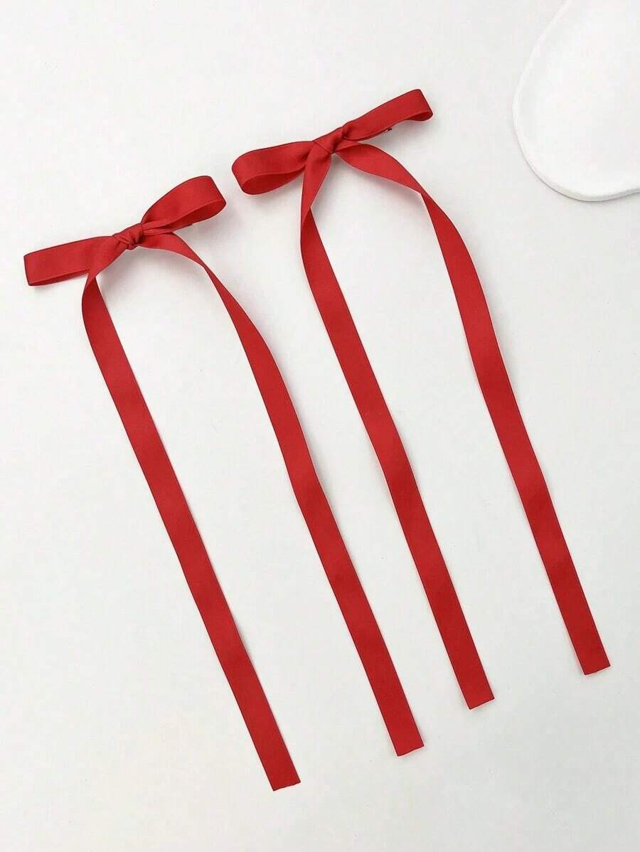 2pcs Simple Bowknot & Long Ribbon Hair Clip Suitable For Daily Use Cute Valentine's Day Valentines Claw Clips Hair Claws Hair Barrettes, School Stuff, Elegant, College, Bows, Hair Accessories - 紅色 - 查看 1