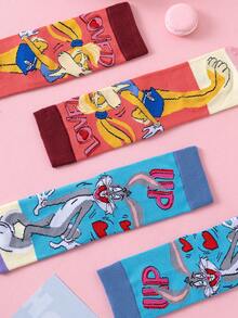 Noctvar OBM Sleepwear X LOONEY TUNES 两双装兔子和鹦鹉图案女士中筒袜，可爱卡通独特设计，傲娇兔子时尚夏季袜，防臭透气休闲船袜，适合学生/成人作为礼物或日常穿着，情侣款 - 彩色 - 查看 8