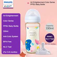 Philips Avent PPSU材质婴儿奶瓶，艺术启蒙色彩系列，适合新生儿至六个月宝宝，容量分别为4.2盎司、8.8盎司和11.2盎司，配备自然响应奶嘴，慢速流速 - 彩色 - 查看 4