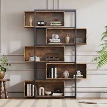 Five-Tier Bookcase With Shelves, Made Of Brown Veined Wood And Black Steel Tubing - Black+Brown - View 1