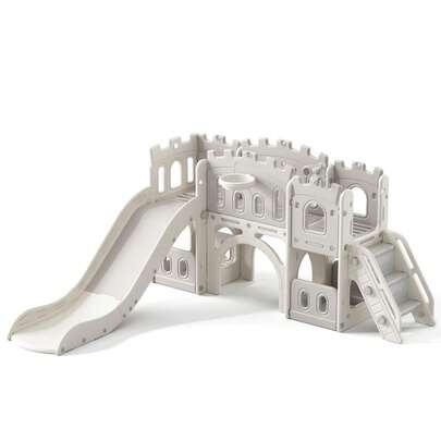 8 In 1 Toddler Slide, Extra-Long Kids Slide For Toddlers Age 1+ With Basketball Hoop And Ball, Storage Space, Indoor Outdoor Slide Playset Toddler Playground Climber Playset, Grey