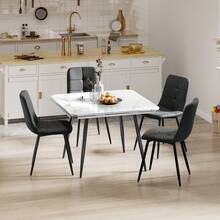 Dining Table And Chairs Set Of 4, Extendable Round Table Concrete Effect Folding Table With Upholstered Linen Chairs For Dining Room,Kitchen - Marble Decorative Table + Black Linen Chair - View 10