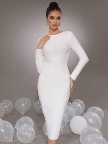 Sexy Women's Long Sleeve Large Zipper Back Bodycon Midi Dress For Vacation And Party - White - View 4