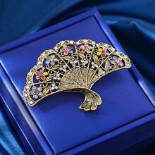 1pc Vintage Hollow Fan Brooch, Antique Gold Rhinestone Fan-Shaped Clothing Pin, High-End Coat Accessory - Ancient Bronze - View 10