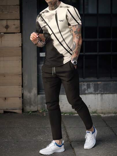 Men's Landscape Print Short Sleeve T-Shirt And Pants Set