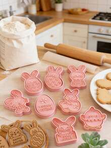 8件套复活节主题粉色兔子、彩蛋、小鸡饼干模具，饼干印章翻糖烘焙工具，家用烘焙甜点模具，适用于制作节日饼干、糖果、礼物、复活节春节活动、主题派对小吃 - 彩色 - 查看 2
