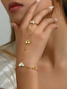 1pc Fashionable White Shell Heart-Shaped Stainless Steel Knuckle Ring Bracelet, Luxury Versatile Celebration Holiday Sexy Jewelry For Women - Finger Chain - View 2