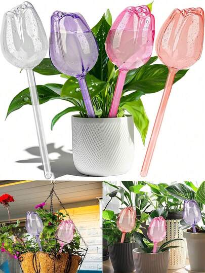4 piezas/1 pieza Globos de autorriego con forma de tulipán, con diseño de boca estrecha para extender el tiempo de goteo, adecuados para plantas en macetas de interior y exterior, cestas colgantes, herramientas de jardinería y accesorios para el cuidado del césped, globos de riego de plantas, esenciales para el jardín exterior