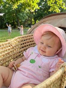 Mono de golf bordado para niña, mono de verano de manga corta con cuello de muñeca a rayas - Rosa - Ver 1