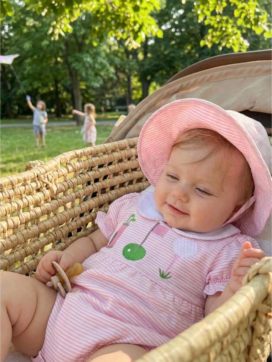 Mono de golf bordado para niña, mono de verano de manga corta con cuello de muñeca a rayas - Rosa - Ver 1