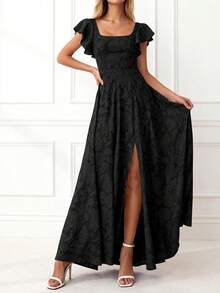 Women's Elegant Lace Floral Slit Cocktail Dress, Summer Formal Long Wedding Guest Bridesmaid Gown - màu đen - Xem 2