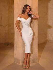 ADYCE Elegant Beaded Floral Decor Midi Bandage Party Dress, Suitable For Ball, Birthday Party, Evening Gala, Date, Homecoming, Wedding Guest, Cocktail Party, Family Gathering, Holiday, White Dress, New Year Dress Spring - White - View 7