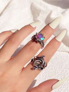 2件套时尚独特蛇形戒指套装（女士款） - 復古銀色 - 查看 3