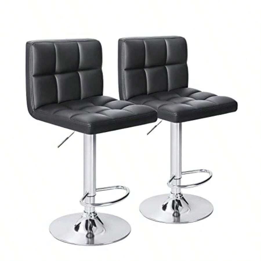 Bar Stools Modern PU Leather Adjustable Swivel Barstools Armless Hydraulic Kitchen Counter Bar Stool Extra Height Square Island Barstool With Back Set Of 2 Leather Black - 黑色 - 查看 1