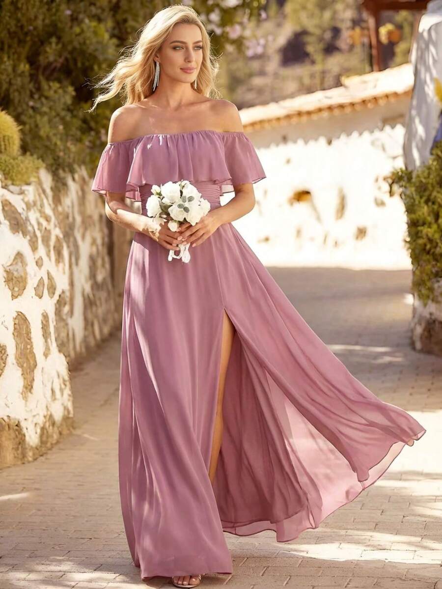 EVERPRETTY Đầm phù dâu màu hồng dáng chữ A, trễ vai, tay bồng, xẻ tà, thích hợp cho đám cưới mùa xuân.