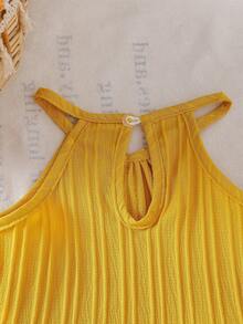Conjunto de 2 piezas para niñas bebé con top de tirantes finos de unicolor con volantes y lazo, y pantalones rectos, adecuado para salidas diarias en primavera/verano - Amarillo - Ver 7