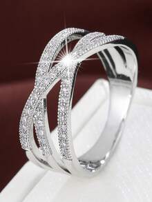1pc Soft Line Geometric Criss-Cross Design Cubic Zirconia Inlaid Fashion Ring For Women - Multicolor - View 15