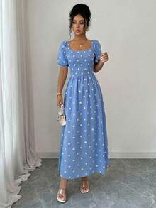Elegant Printed Long Dress, Spring Style, Lined With Elastic, Short Puff Sleeves, Spring/Summer Fashion - Blue - View 3