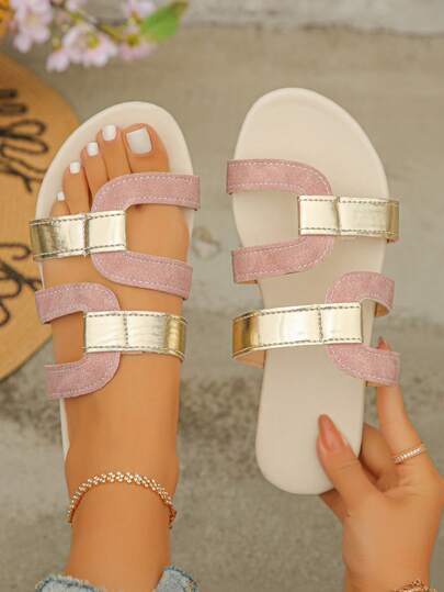 صندل نسائي مسطح مقاس 35-45 ، أنيق بتصميم رأس دائري، للارتداء اليومي في الصيف، مفتوح من الأمام، من الجلد الأحمر الفاتح والبولي يوريثان الذهبي، خفيف الوزن وسهل الارتداء