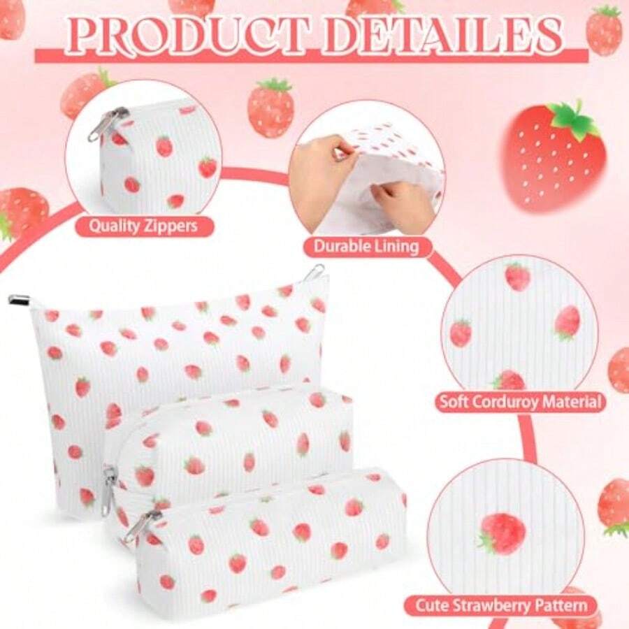 Juego de 3 bolsas de para mujer bolsa de cosméticos de pana estética sonrisa bolsa de aseo de viaje bonita bolsa de lápices brochas de organizador de-013 - Blanco - Ver 1
