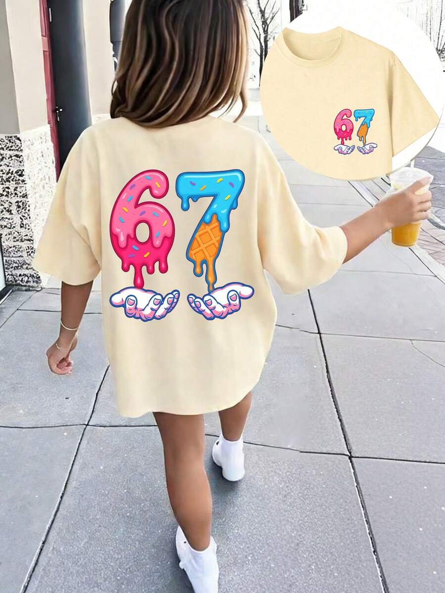 Tween Girl "67" Ice Cream Cartoon Print T-Shirt, Fashionable Summer Top For Girls - Apricot - View 1