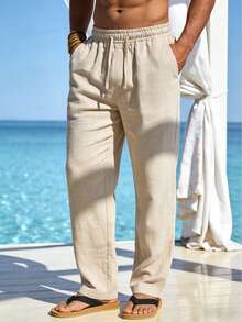 Men's Casual Solid Color Pocket Drawstring Loose Linen Pants, Comfortable For Spring, Summer, Autumn And Winter - Beige - View 1