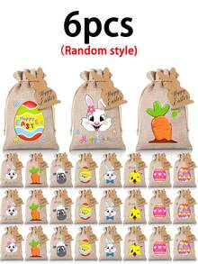12/6/1pc 13*18cm Easter Gift Bags Printed With Colorful Bunnies, Carrots And Eggs Patterns, Bunny Cards, Drawstring Pouches, Candy Cookie Packaging, Party Favors, Suitable For Spring Theme Parties, Birthday Parties - Multicolor - View 12