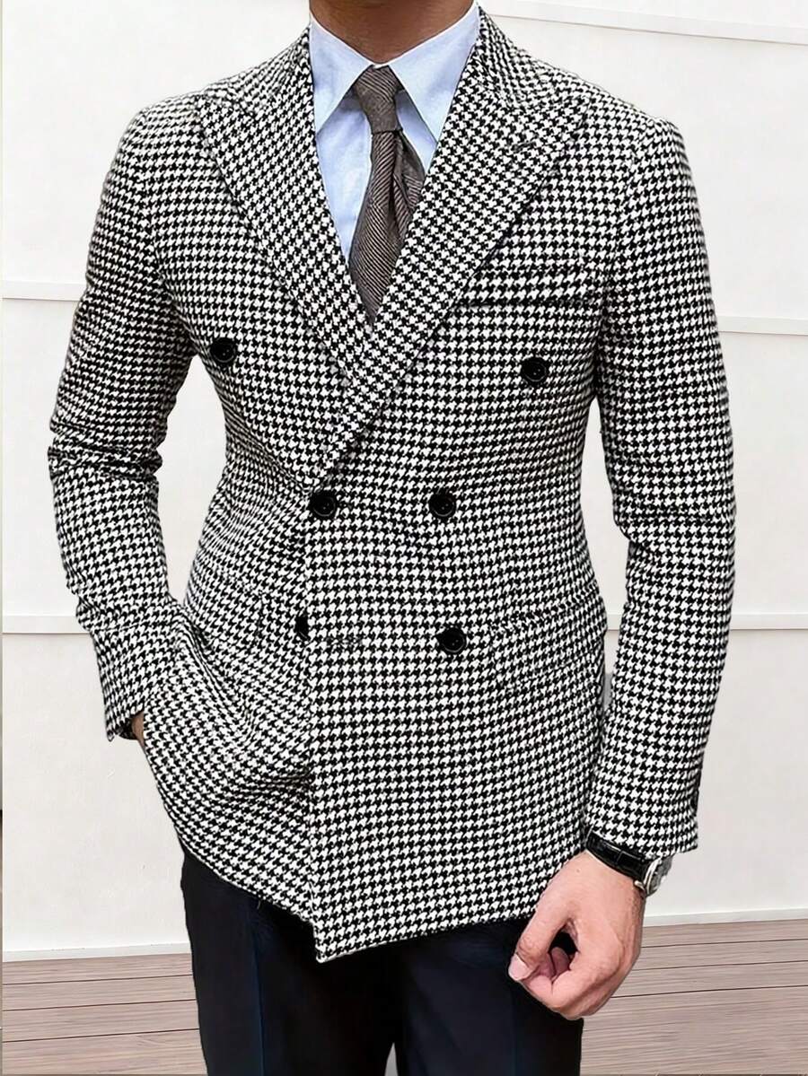I FineLong Men's Winter Jacket, Fashionable Casual Houndstooth Pattern Suit Jacket, Suitable For Commuting And Outdoor Wear