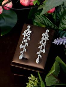 1 Set de Joyería Lujosa, Decoración de Hojas y Geométrica de Circonita Cúbica, Adecuado como Regalo de Compromiso para Mujeres - Plateado - Ver 5