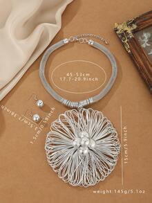 1 Set handgefertigter mehrschichtiger übertriebener Halskette, bohemian-artiger Strandresort-Party-Schmuck im Stil des Nahen Ostens, elegante Vintage-Schmuckhalskette und -Ohrringe für Frauen - Silber - Übersicht 3