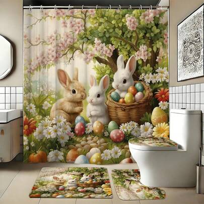 1/4 件套复活节春季森林兔子彩蛋浴室四件套家居装饰，包含浴帘、U型马桶垫、防滑地垫、马桶盖套和12个浴帘挂钩。这款装饰性浴室套装适合作为乔迁、生日、节日礼物或情侣礼物。