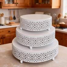 3 Pieces White/Golden Cake Stand Set, 8/10/12 Inch Round Metal Dessert Display Stand Decorative Cake Holder Cupcake Pastry Candy Display Plate For Wedding, Party, Birthday, Event - 白色 - 查看 2