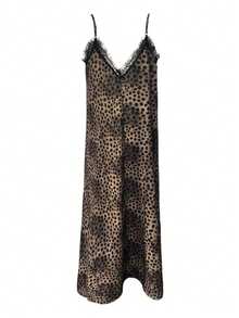 Women's French Leopard Print Slip Dress, V-Neck Sleeveless Lace Trim Casual Elegant Vacation Style Dress - Brown - View 8