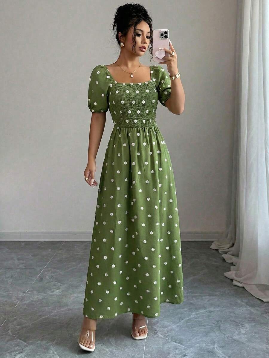 Elegant Printed Long Dress, Spring Style, Lined With Elastic, Short Puff Sleeves, Spring/Summer Fashion - Olive Green - View 1