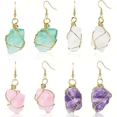 1对手工水晶水滴耳环，女士款，天然原石紫水晶吊坠耳环，疗愈水晶耳环