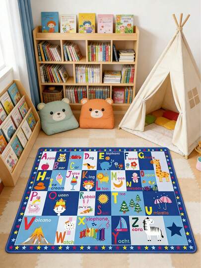 1pc Playful Letter Pattern Decorative Rug, Featuring Vibrant Blue, White, Orange Colors With Contrasting Hues In Each Square To Enhance Visual Appeal And Help Users Quickly Identify Different Letter Zones. Decorative Elements Like Stars And Suns Enrich The Details And Add Liveliness. Machine Washable.