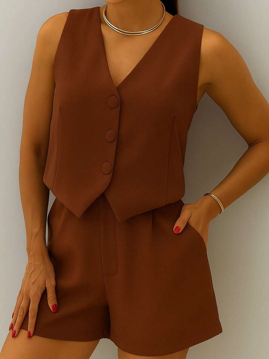 Women's Formal Set: Vest With Lined Buttons And Tailored Shorts - Brown. - View 1