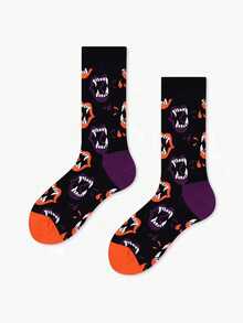 1/2/3双装男女通用趣味万圣节主题袜子，南瓜、幽灵、骷髅图案，保暖透气中筒袜，秋冬款 - 彩色 - 查看 4