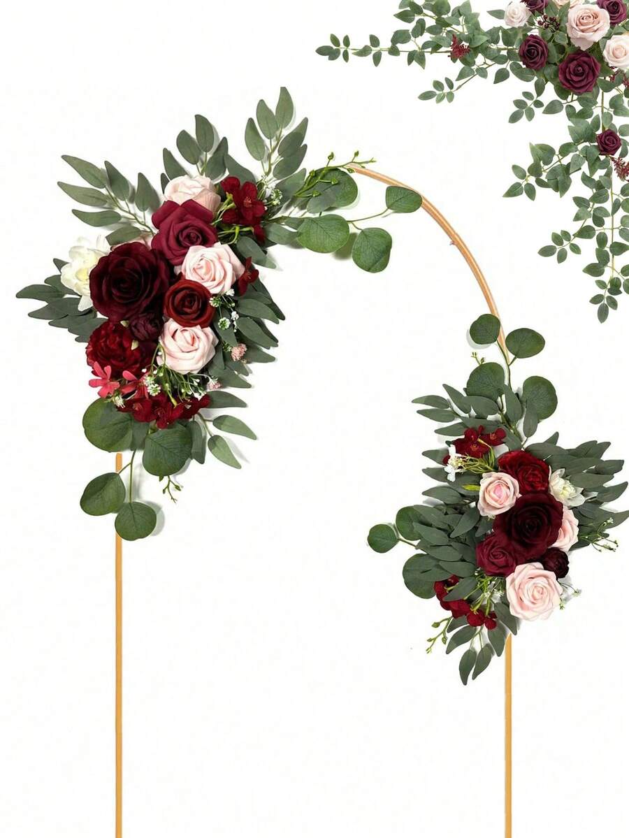 2pcs Wedding Arch Decor, Artificial Burgundy Wedding Flower Bouquet, Suitable For Welcome Board, Decoration And Arch Floral Arrangement, Applicable For Wedding, Birthday, Opening Ceremony And Party - Multicolor - View 1