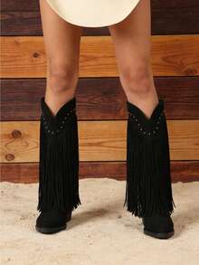 Cowgirl Outfits For Women Country Concert Combat Boots For Women Black Tassel Decoration Pointed Thick Heels Boots Retro Western Style Festival Shoes Outdoor Comfortable Women's Cowboy Boots Summer Boots - màu đen - Xem 5