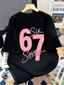Tween Girl Star Element Six Seven 67 Cartoon Print T-Shirt, Suitable For Girls Outdoor Sports, Casual Wear, Street Style, Campus Style, Fashionable Girls Spring/Summer Versatile Top - Black - View 5