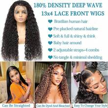 13x4 Inch HD Transparent Lace Front Wig, Water Wave Texture, Fluffy Bangs, 200% Density, 24 Inch Human Hair Wig - Natural Black - View 9