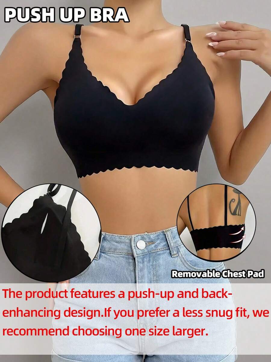 无钢圈果冻文胸，舒适柔软时尚内衣，透气亲肤性感可拆卸衬垫文胸，无钢圈设计，可调节肩带，睡衣休闲文胸，无钩扣 - 黑色 - 查看 1