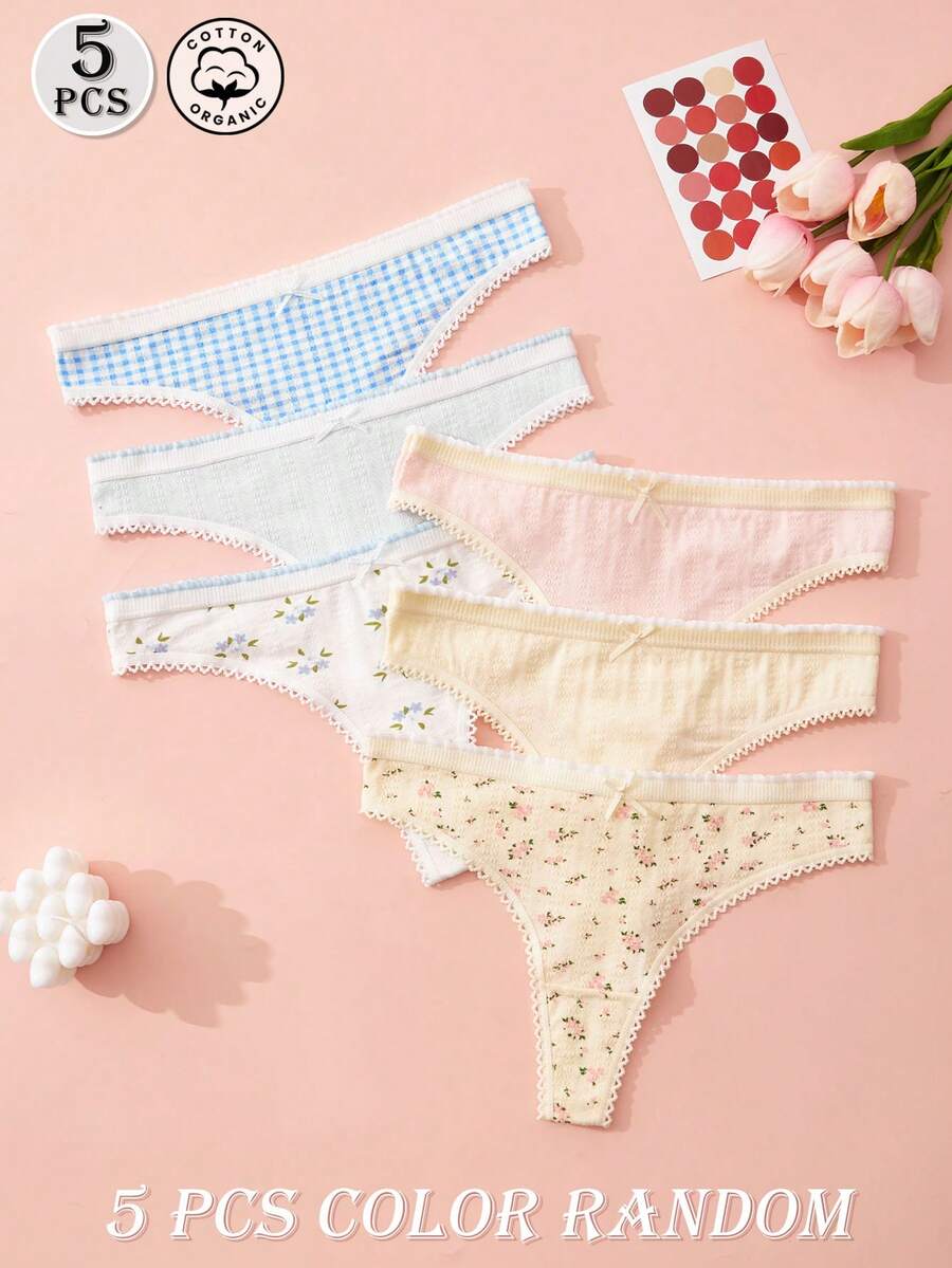 5pcs/Pack Cute Printed Sexy Bow Tie Women's Thong Panties, White Lace Breathable Elastic Briefs, Casual Sports Underwear, Comfortable T-Back Panties For Summer - Multicolor - View 1