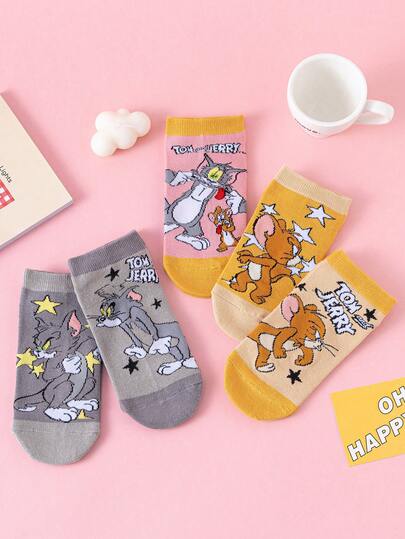 Noctvar OBM Sleepwear X TOM & JERRY 5 đôi tất nam cổ ngắn họa tiết mèo và chuột hoạt hình, tất thuyền hoạt hình dễ thương với họa tiết mèo và chuột đặc trưng, tất nam mùa hè thời trang hình thỏ ngạo mạn, tất cổ tròn thoáng khí, chống mùi hôi, thích hợp làm quà tặng hoặc sử dụng hàng ngày cho học sinh/người lớn, tất đôi.