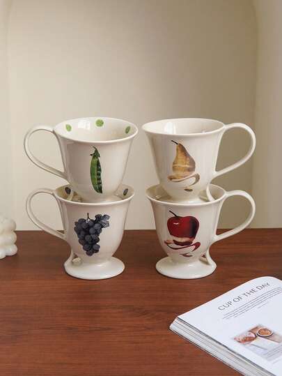 1个复古水果陶瓷马克杯，苹果、梨、葡萄图案，圆底宽口，精致北欧风格