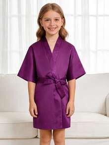 Tween Girl Crossover Short Sleeve Casual Loungewear Purple Robe - Purple - View 1